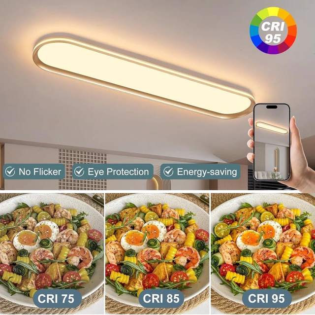 Alt view image 6 of 7 - ADISUN Modern LED Ceiling Light Dimmable Linear Ceiling Light 39.4in Semi Flush Mount Long Lights with Remote Control and Side Lighting for Living Room Kitchen Dining Room Gold