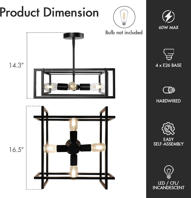 Alt view image 3 of 7 - Modern Black Semi Flush Mount Ceiling Light Fixture 16.5", 4-Light Industrial Farmhouse Lighting for Kitchen Dining Room Living Room Entryway Bedroom Hallway, Sloped Ceiling Compatible, 2 Pack