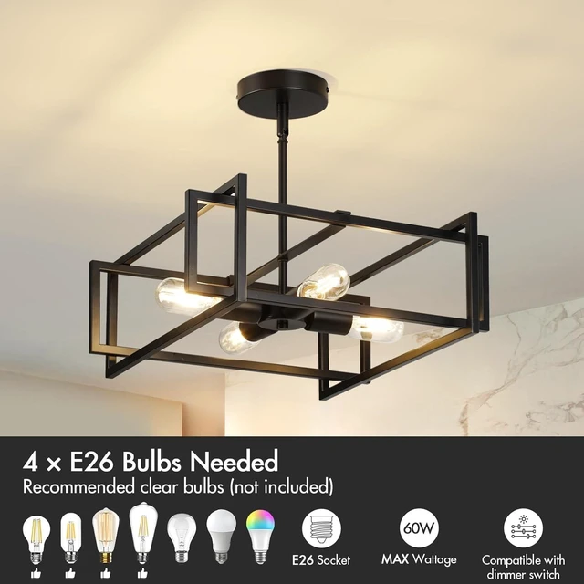 Alt view image 4 of 7 - Modern Black Semi Flush Mount Ceiling Light Fixture 16.5", 4-Light Industrial Farmhouse Lighting for Kitchen Dining Room Living Room Entryway Bedroom Hallway, Sloped Ceiling Compatible, 2 Pack