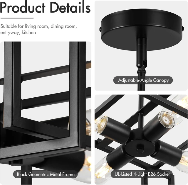 Alt view image 5 of 7 - Modern Black Semi Flush Mount Ceiling Light Fixture 16.5", 4-Light Industrial Farmhouse Lighting for Kitchen Dining Room Living Room Entryway Bedroom Hallway, Sloped Ceiling Compatible, 2 Pack