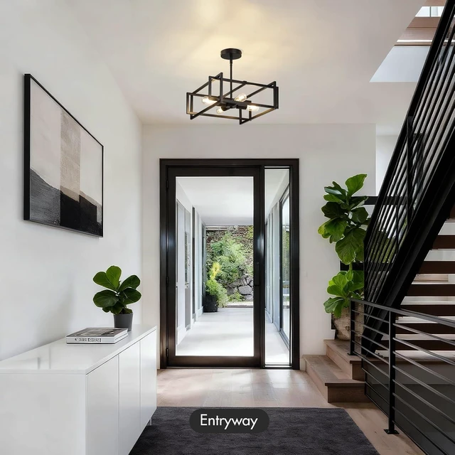 Alt view image 7 of 7 - Modern Black Semi Flush Mount Ceiling Light Fixture 16.5", 4-Light Industrial Farmhouse Lighting for Kitchen Dining Room Living Room Entryway Bedroom Hallway, Sloped Ceiling Compatible, 2 Pack
