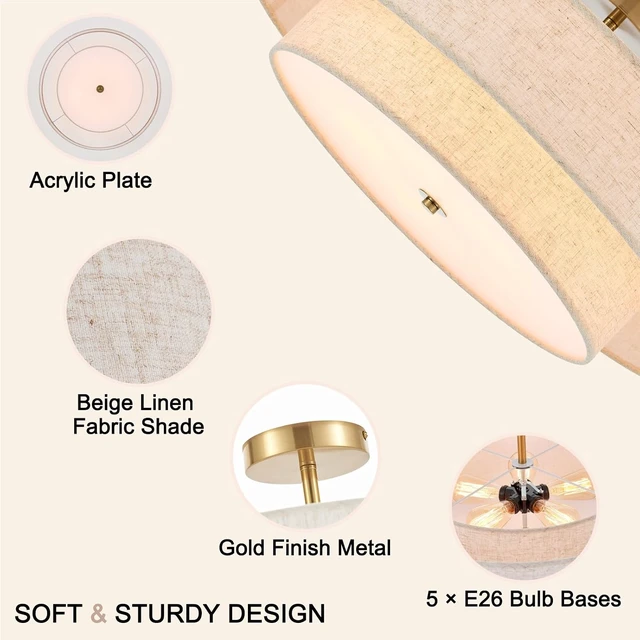 Alt view image 2 of 7 - 25.6" Large Gold Semi Flush Mount Ceiling Light5-Light Linen Shade