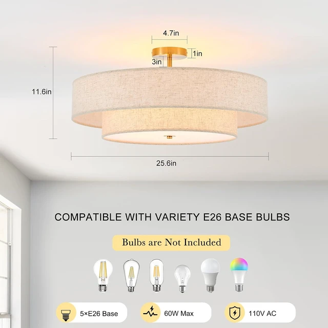 Alt view image 4 of 7 - 25.6" Large Gold Semi Flush Mount Ceiling Light5-Light Linen Shade