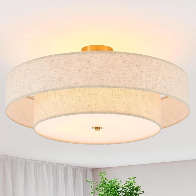 Main image of 25.6" Large Gold Semi Flush Mount Ceiling Light5-Light Linen Shade