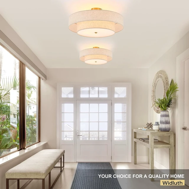 Alt view image 6 of 7 - 25.6" Large Gold Semi Flush Mount Ceiling Light5-Light Linen Shade