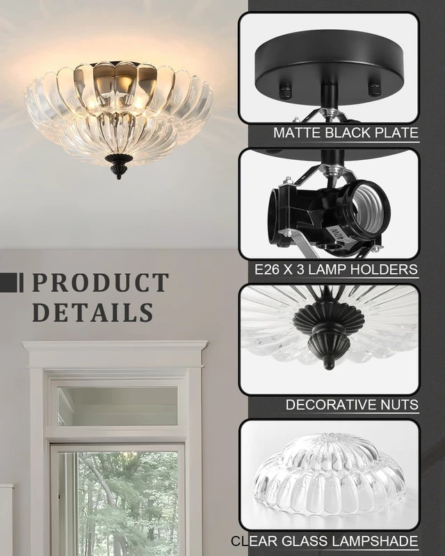 Alt view image 3 of 7 - ANYLOVE Modern 12Inch Clear Glass Flower Glass Semi Flush Mount Ceiling Light, 3 Light for Living Room Bedroom Hallway Entryway Foyer