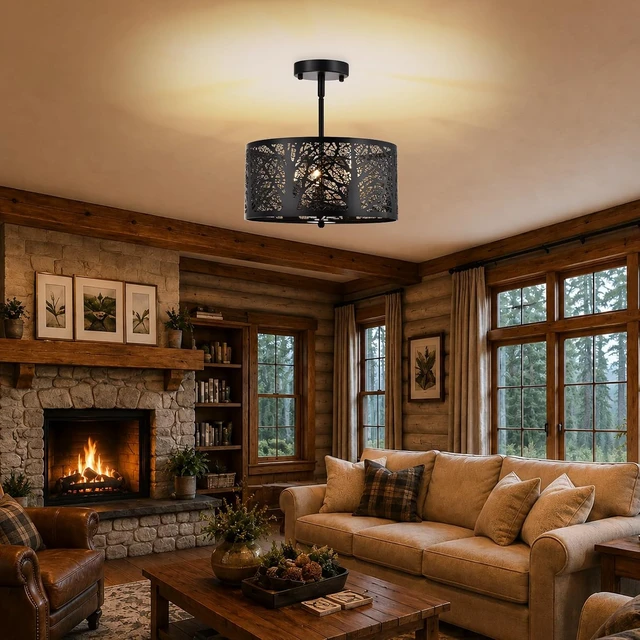 Alt view image 2 of 7 - Rustic Semi Flush Mount Ceiling Light, Black Matte Metal Forest Branch Cutout Farmhouse Light Fixtures, 3-Light Industrial Drum Ceiling Light Fixture for Dining Room Kitchen Living Room