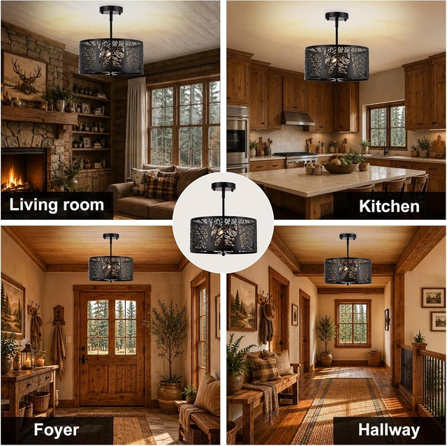 Alt view image 3 of 7 - Rustic Semi Flush Mount Ceiling Light, Black Matte Metal Forest Branch Cutout Farmhouse Light Fixtures, 3-Light Industrial Drum Ceiling Light Fixture for Dining Room Kitchen Living Room