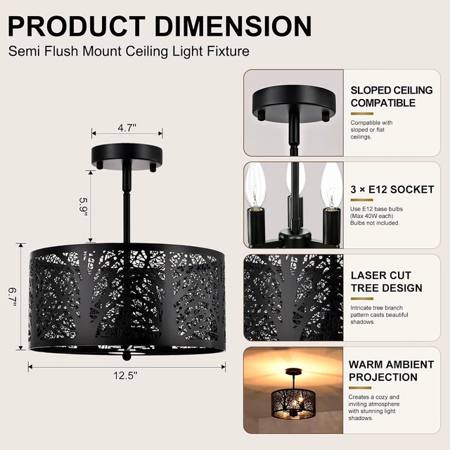 Alt view image 6 of 7 - Rustic Semi Flush Mount Ceiling Light, Black Matte Metal Forest Branch Cutout Farmhouse Light Fixtures, 3-Light Industrial Drum Ceiling Light Fixture for Dining Room Kitchen Living Room