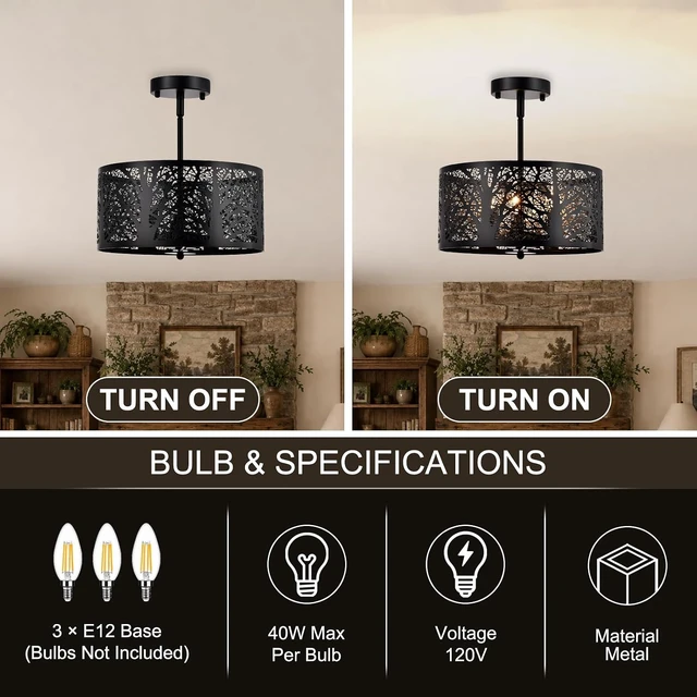 Alt view image 7 of 7 - Rustic Semi Flush Mount Ceiling Light, Black Matte Metal Forest Branch Cutout Farmhouse Light Fixtures, 3-Light Industrial Drum Ceiling Light Fixture for Dining Room Kitchen Living Room