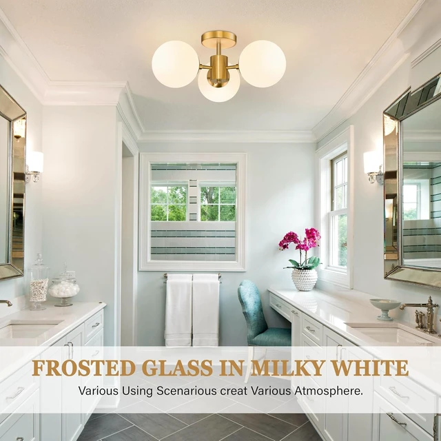 Alt view image 2 of 7 - Bagood Mid Century Modern 19 Inch Brass Semi Flush Mount Ceiling Lights 3-Light Frosted Globe Glass Gold Chandelier Modern Light Fixtures Ceiling Lights Fixture for Bedroom Hallway Entryway