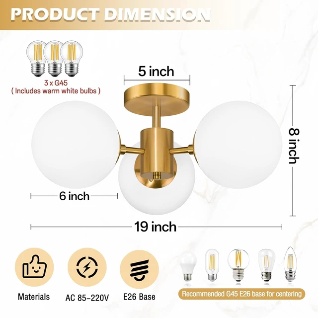 Alt view image 4 of 7 - Bagood Mid Century Modern 19 Inch Brass Semi Flush Mount Ceiling Lights 3-Light Frosted Globe Glass Gold Chandelier Modern Light Fixtures Ceiling Lights Fixture for Bedroom Hallway Entryway