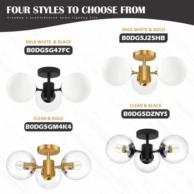 Alt view image 7 of 7 - Bagood Mid Century Modern 19 Inch Brass Semi Flush Mount Ceiling Lights 3-Light Frosted Globe Glass Gold Chandelier Modern Light Fixtures Ceiling Lights Fixture for Bedroom Hallway Entryway