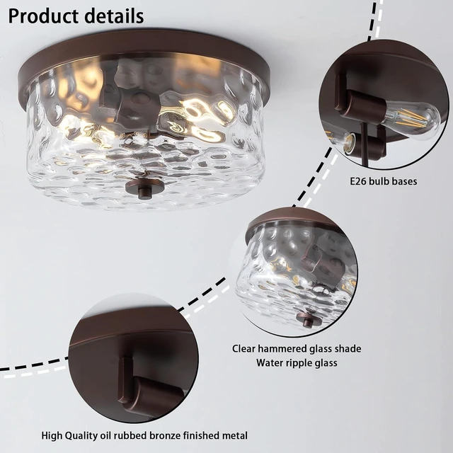 Alt view image 5 of 7 - 12 Inch 2-Lights Hammered Glass ORB Flush Mount Ceiling Light