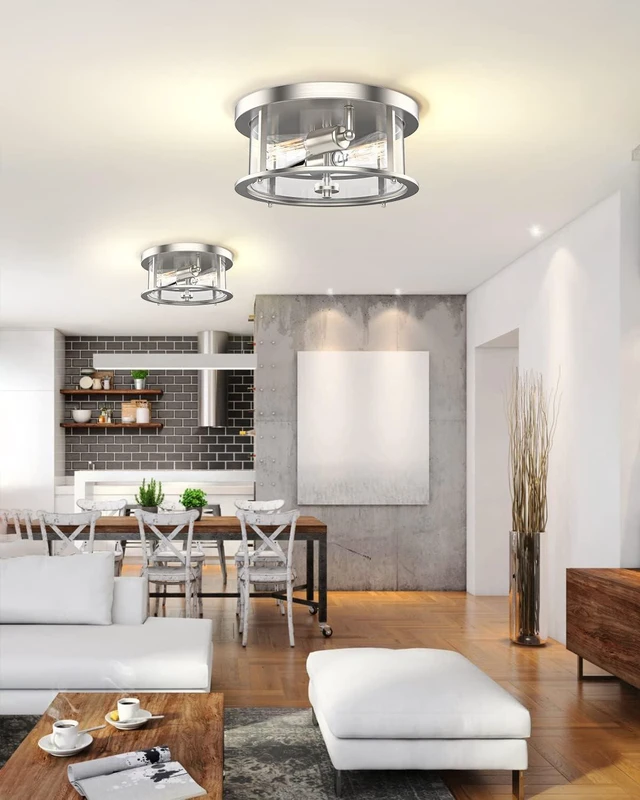 Alt view image 2 of 7 - EAPUDUN Flush Mount Ceiling Light Fixtures, 12inch 2-Light Farmhouse Close to Ceiling Light Fixture with Clear Glass Shade, Brushed Nickel Finish for Porch, Entryway, Bedroom, FMA1413-BNK