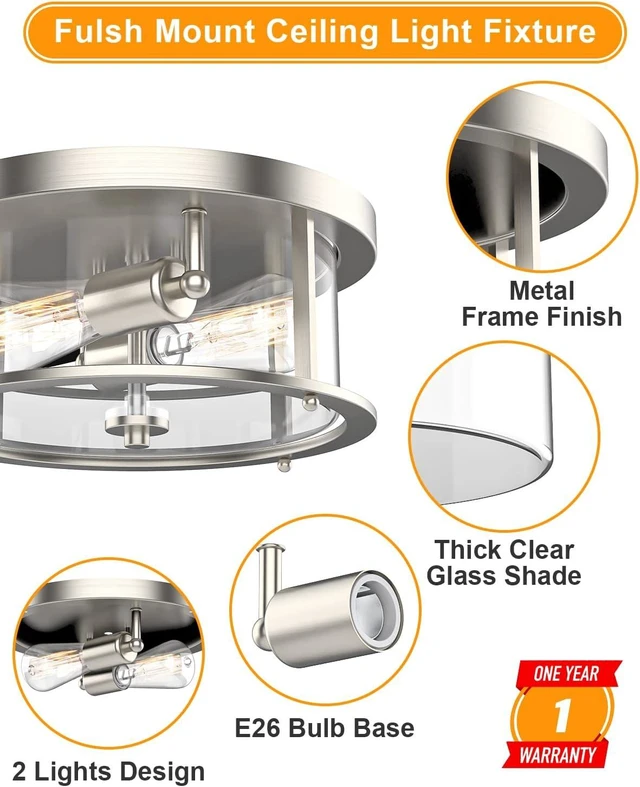 Alt view image 5 of 7 - EAPUDUN Flush Mount Ceiling Light Fixtures, 12inch 2-Light Farmhouse Close to Ceiling Light Fixture with Clear Glass Shade, Brushed Nickel Finish for Porch, Entryway, Bedroom, FMA1413-BNK