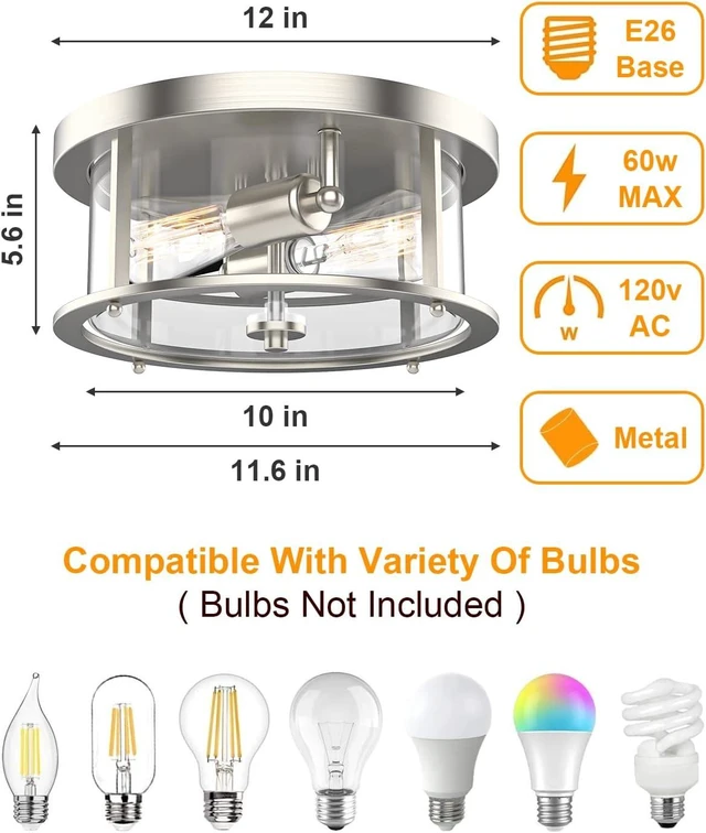 Alt view image 3 of 7 - EAPUDUN Flush Mount Ceiling Light Fixtures, 12inch 2-Light Farmhouse Close to Ceiling Light Fixture with Clear Glass Shade, Brushed Nickel Finish for Porch, Entryway, Bedroom, FMA1413-BNK