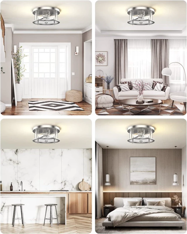 Alt view image 6 of 7 - EAPUDUN Flush Mount Ceiling Light Fixtures, 12inch 2-Light Farmhouse Close to Ceiling Light Fixture with Clear Glass Shade, Brushed Nickel Finish for Porch, Entryway, Bedroom, FMA1413-BNK