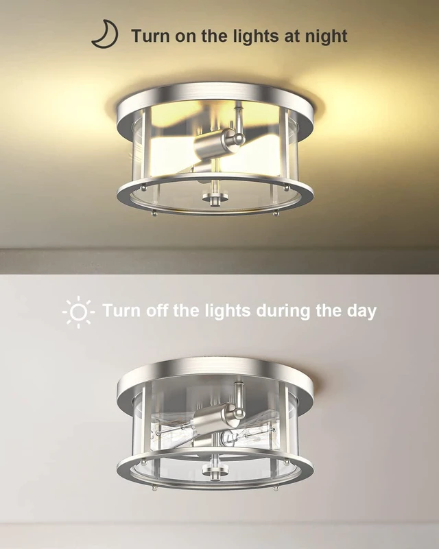 Alt view image 4 of 7 - EAPUDUN Flush Mount Ceiling Light Fixtures, 12inch 2-Light Farmhouse Close to Ceiling Light Fixture with Clear Glass Shade, Brushed Nickel Finish for Porch, Entryway, Bedroom, FMA1413-BNK