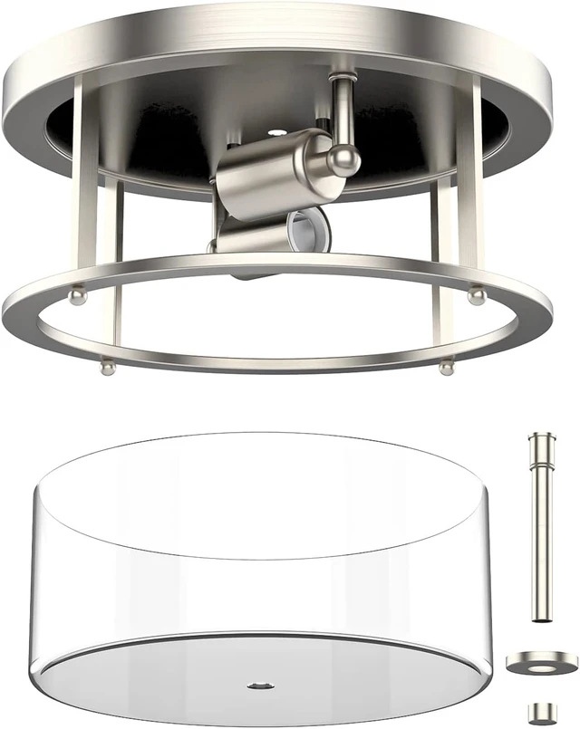 Alt view image 7 of 7 - EAPUDUN Flush Mount Ceiling Light Fixtures, 12inch 2-Light Farmhouse Close to Ceiling Light Fixture with Clear Glass Shade, Brushed Nickel Finish for Porch, Entryway, Bedroom, FMA1413-BNK