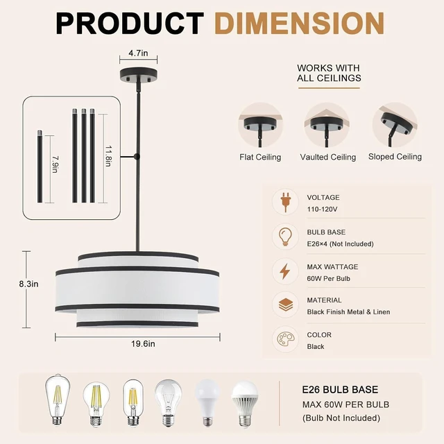 Alt view image 3 of 7 - 19.7" Modern Drum Chandelier, 4-Light Linen Ceiling Light Fixture