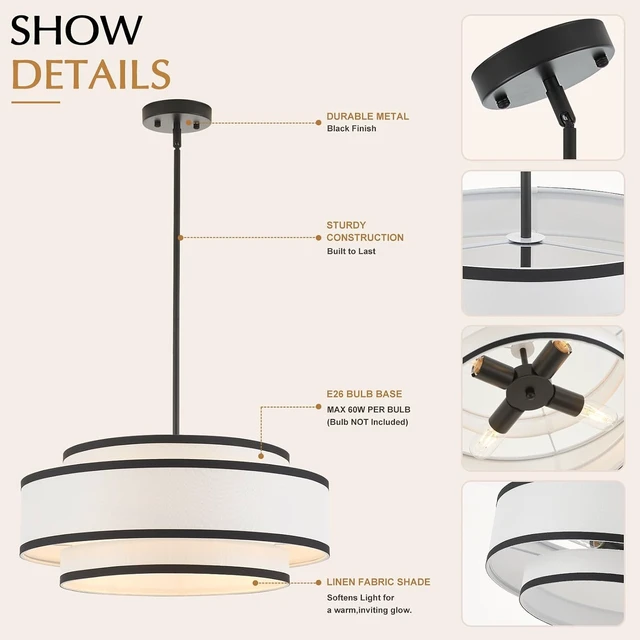 Alt view image 4 of 7 - 19.7" Modern Drum Chandelier, 4-Light Linen Ceiling Light Fixture