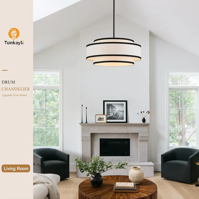 Alt view image 7 of 7 - 19.7" Modern Drum Chandelier, 4-Light Linen Ceiling Light Fixture