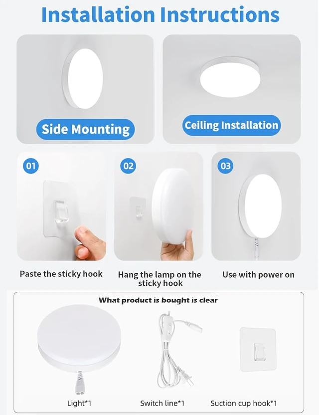 Alt view image 4 of 7 - Plug in LED Ceiling Light 2-Pack,Flush Mount,for Bedroom,Wall Mounted Light with 16.4ft Power Cord,Versatile Lighting for Balcony Cabinet Bathroom Closet Storage Room Office Garage Corridor