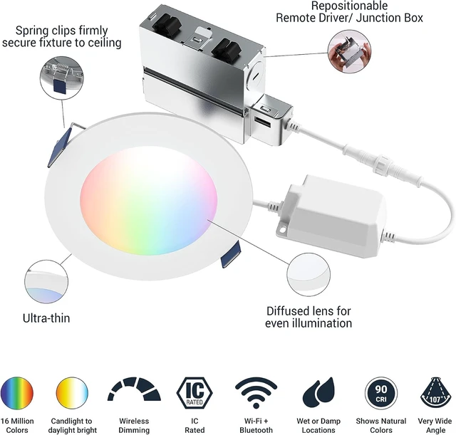 Alt view image 2 of 7 - HALO HLB LED Recessed Lighting 4 in Smart Wi-Fi RGBWW Canless ceiling Light