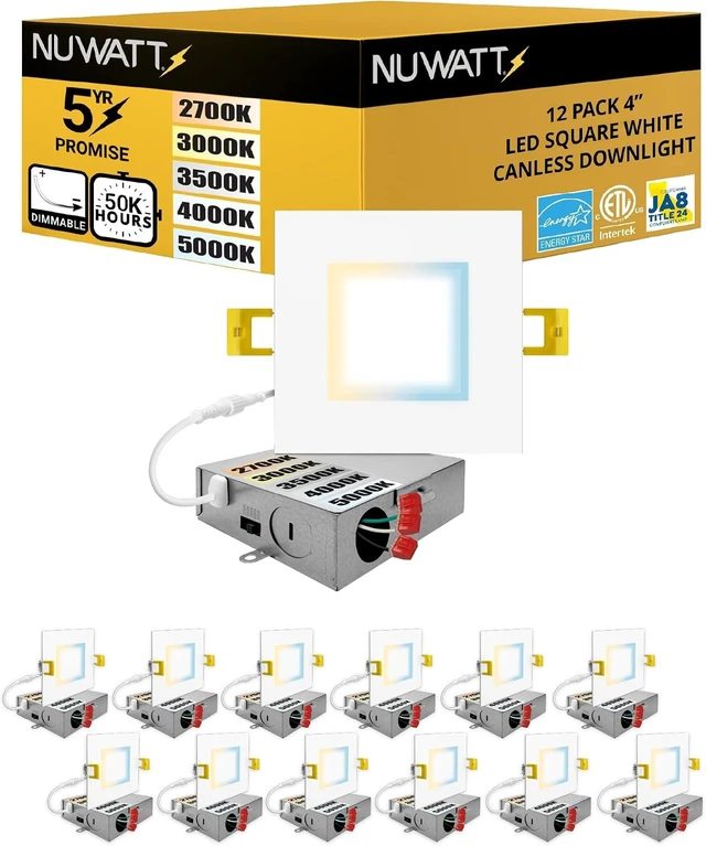 Main image of NUWATT 12 Pack Canless 4 Inch LED Square Recessed Lighting 2700K-5000K, ETL