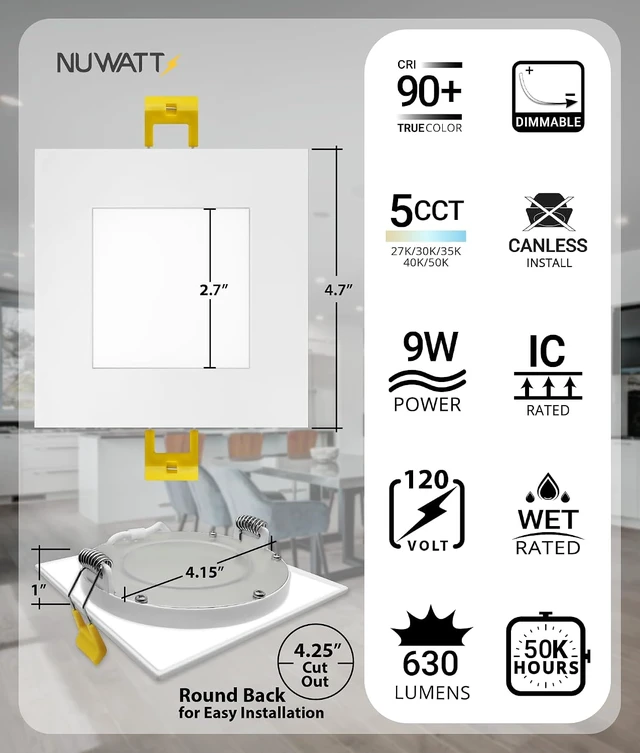Alt view image 2 of 7 - NUWATT 12 Pack Canless 4 Inch LED Square Recessed Lighting 2700K-5000K, ETL
