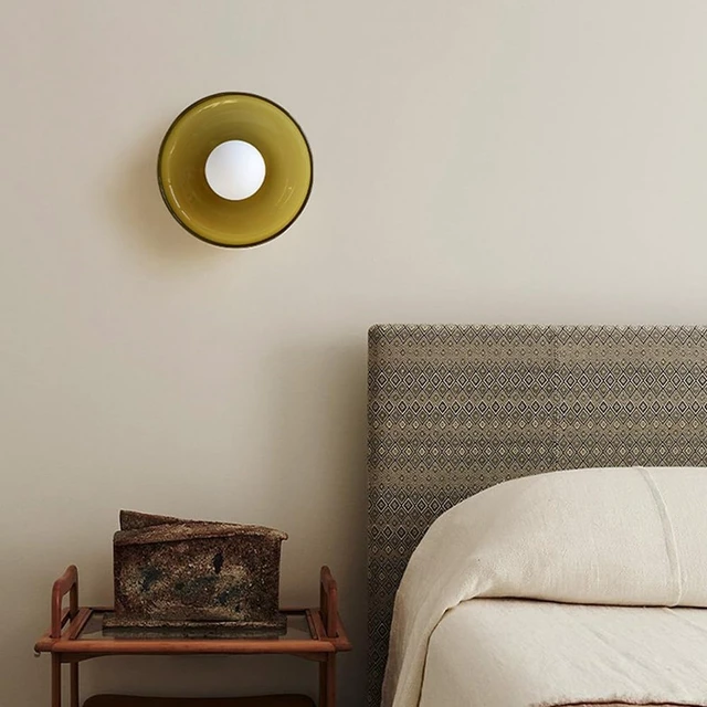 Alt view image 2 of 5 - Mid Century Orange Glass Semi Flush Mount Ceiling Light with Milk Globe Nordic Modern Green Hallway Lighting Fixtures Round Bedside Wall Mount Lamp for Bedroom Cloakroom Stairway