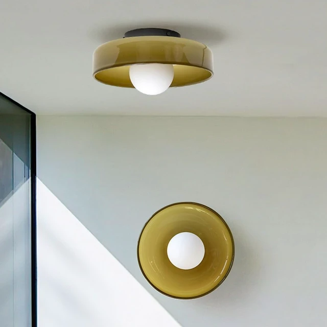 Alt view image 3 of 5 - Mid Century Orange Glass Semi Flush Mount Ceiling Light with Milk Globe Nordic Modern Green Hallway Lighting Fixtures Round Bedside Wall Mount Lamp for Bedroom Cloakroom Stairway