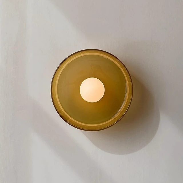Alt view image 4 of 5 - Mid Century Orange Glass Semi Flush Mount Ceiling Light with Milk Globe Nordic Modern Green Hallway Lighting Fixtures Round Bedside Wall Mount Lamp for Bedroom Cloakroom Stairway