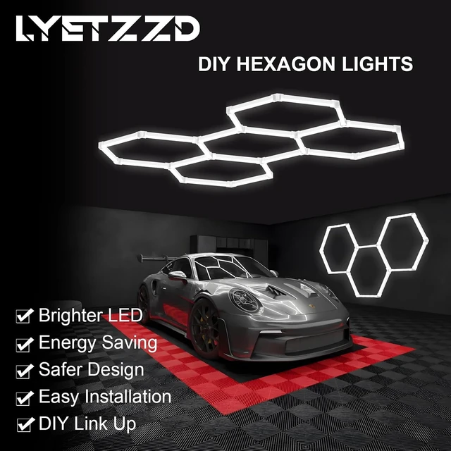 Alt view image 7 of 7 - Hexagon Garage Lights 5 Hex, 6500K Super Bright 168W 20160LM Honeycomb LED Ceiling Shop Light for Garage, Basement Home Gym Car Detailing Workshop