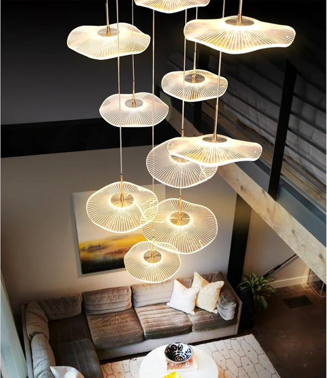 Main image of ziidoo High Ceiling Chandelier - 12-Light Dimmable Modern Gold Long Spiral Luxury Linear Lotus Leaf Led Lamp Hanging Pendant Lights for Foyer Enterway Staircase Villas