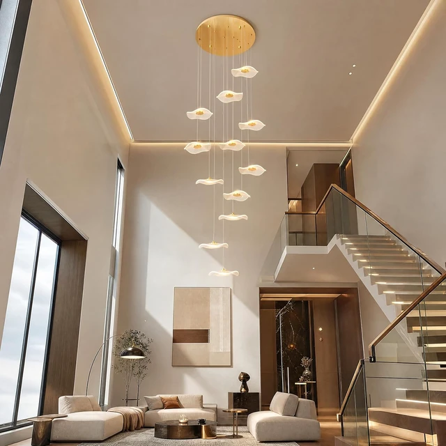 Alt view image 5 of 7 - ziidoo High Ceiling Chandelier - 12-Light Dimmable Modern Gold Long Spiral Luxury Linear Lotus Leaf Led Lamp Hanging Pendant Lights for Foyer Enterway Staircase Villas