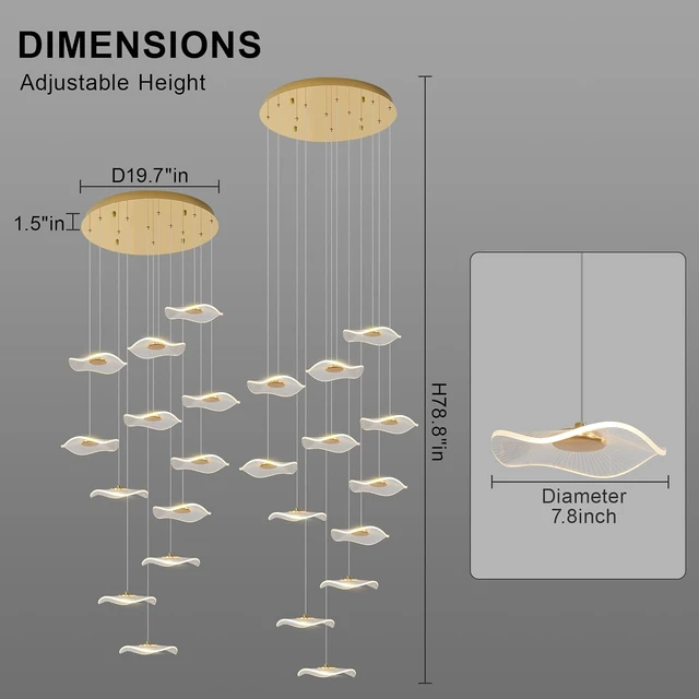 Alt view image 6 of 7 - ziidoo High Ceiling Chandelier - 12-Light Dimmable Modern Gold Long Spiral Luxury Linear Lotus Leaf Led Lamp Hanging Pendant Lights for Foyer Enterway Staircase Villas