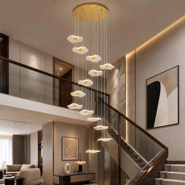 Alt view image 3 of 7 - ziidoo High Ceiling Chandelier - 12-Light Dimmable Modern Gold Long Spiral Luxury Linear Lotus Leaf Led Lamp Hanging Pendant Lights for Foyer Enterway Staircase Villas