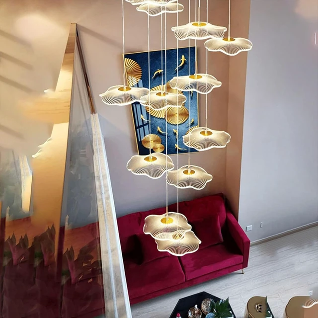 Alt view image 2 of 7 - ziidoo High Ceiling Chandelier - 12-Light Dimmable Modern Gold Long Spiral Luxury Linear Lotus Leaf Led Lamp Hanging Pendant Lights for Foyer Enterway Staircase Villas