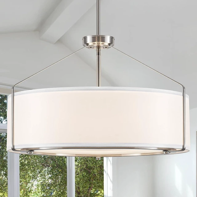 Main image of 23Inch Drum Chandelier Large Nickel & White Pendant Lights for Dining Room