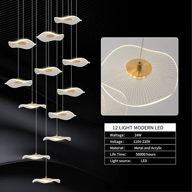 Alt view image 7 of 7 - ziidoo High Ceiling Chandelier - 12-Light Dimmable Modern Gold Long Spiral Luxury Linear Lotus Leaf Led Lamp Hanging Pendant Lights for Foyer Enterway Staircase Villas