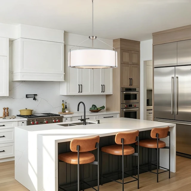 Alt view image 2 of 7 - 23Inch Drum Chandelier Large Nickel & White Pendant Lights for Dining Room
