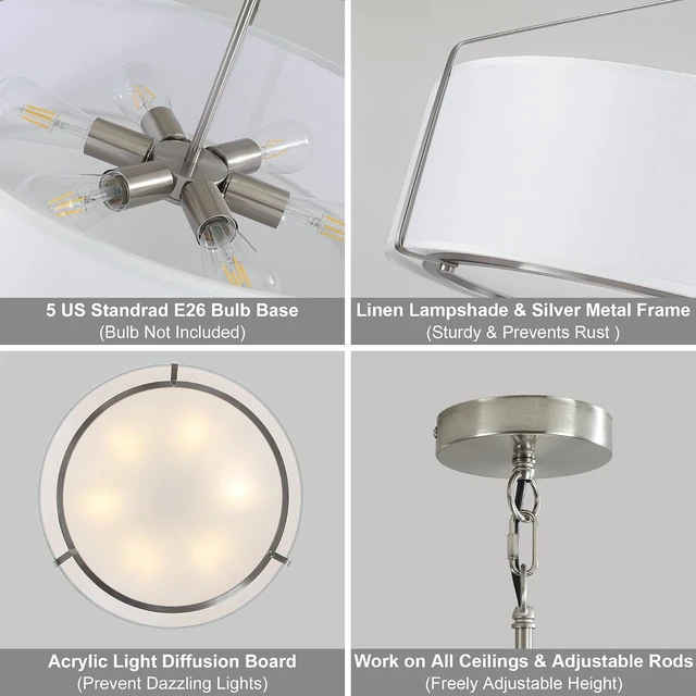 Alt view image 3 of 7 - 23Inch Drum Chandelier Large Nickel & White Pendant Lights for Dining Room