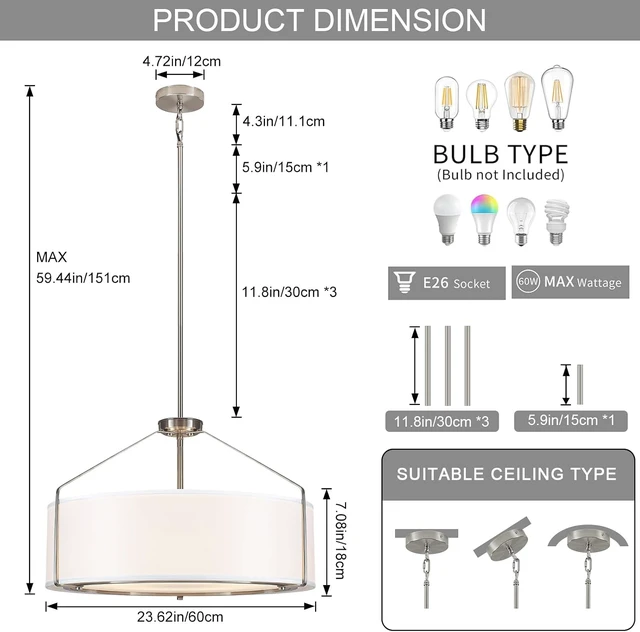 Alt view image 4 of 7 - 23Inch Drum Chandelier Large Nickel & White Pendant Lights for Dining Room