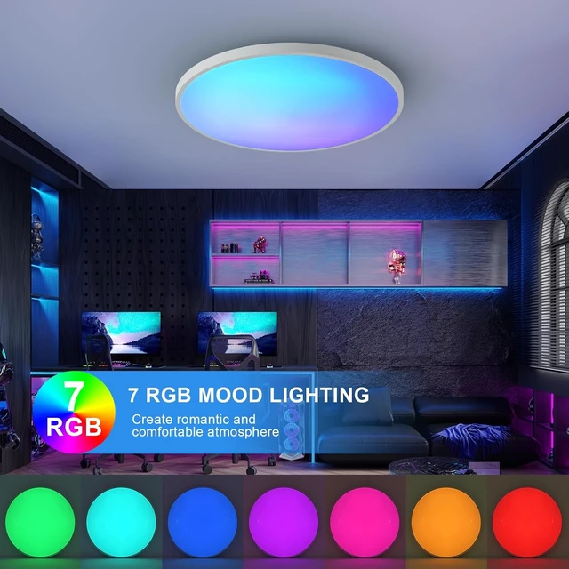 Alt view image 5 of 7 - Smart Ceiling Light with Remote Control - 12Inch 30W Flush Mount Ceiling Light, RGB Color Changing Ambient Light for Bedroom, Kitchen, Dining Room, Basements