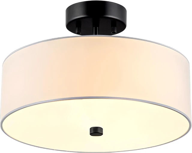 Main image of 3-Light Semi Flush Mount Ceiling Light Fixture, 13" Black Drum Light, Modern Close to Ceiling Light with White Fabric Shade Lamps for Bedroom Living Dining Room Kitchen Hallway Entryway