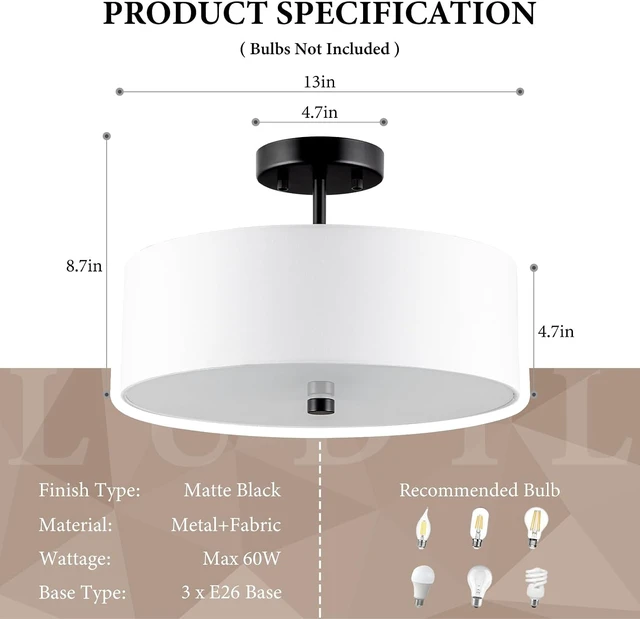 Alt view image 2 of 7 - 3-Light Semi Flush Mount Ceiling Light Fixture, 13" Black Drum Light, Modern Close to Ceiling Light with White Fabric Shade Lamps for Bedroom Living Dining Room Kitchen Hallway Entryway