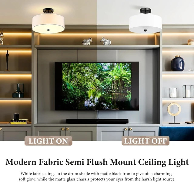 Alt view image 3 of 7 - 3-Light Semi Flush Mount Ceiling Light Fixture, 13" Black Drum Light, Modern Close to Ceiling Light with White Fabric Shade Lamps for Bedroom Living Dining Room Kitchen Hallway Entryway