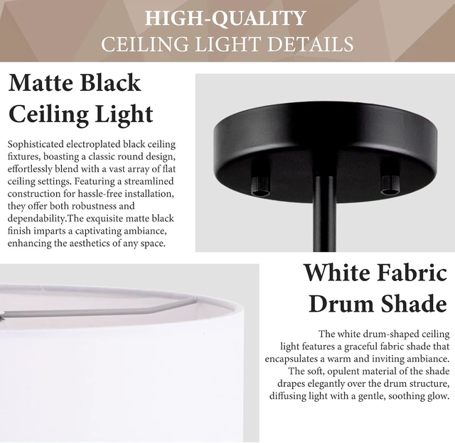 Alt view image 4 of 7 - 3-Light Semi Flush Mount Ceiling Light Fixture, 13" Black Drum Light, Modern Close to Ceiling Light with White Fabric Shade Lamps for Bedroom Living Dining Room Kitchen Hallway Entryway